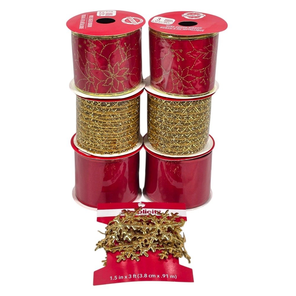 Christmas Ribbon Trim Lot 7 Pc 19 Yds Red Gold Poinsettia Snowflake Wired Mesh